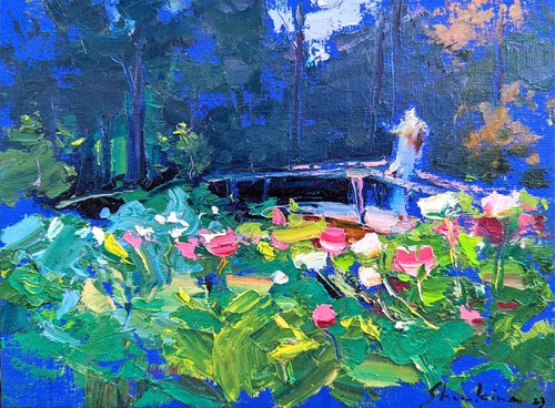 Walk among peonies bloom| Summer garden | Original oil painting by Helen Shukina