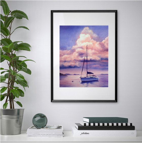 Pink clouds - Sailboat - Yacht Art  - seascape - sea and sky - yacht -  sunset