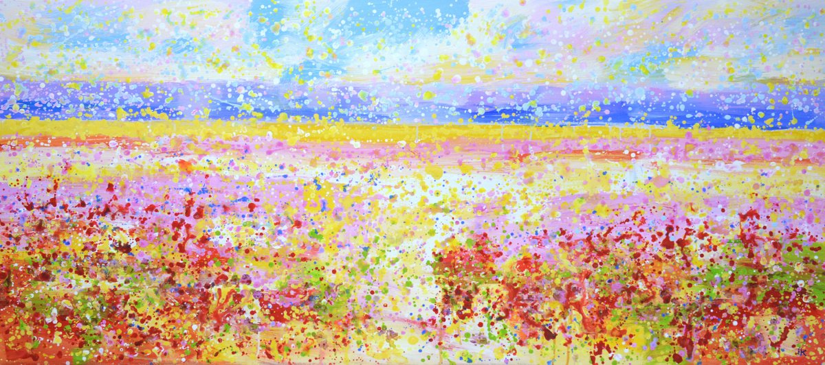 Expressive Landscape Acrylic Painting By Iryna Kastsova, 55 X 24, Flower Field 10., Original Artwork