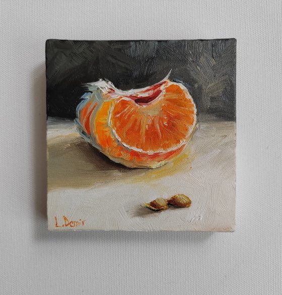Tangerines slice fruit still life oil painting realistic citrus wall decor 4x4"