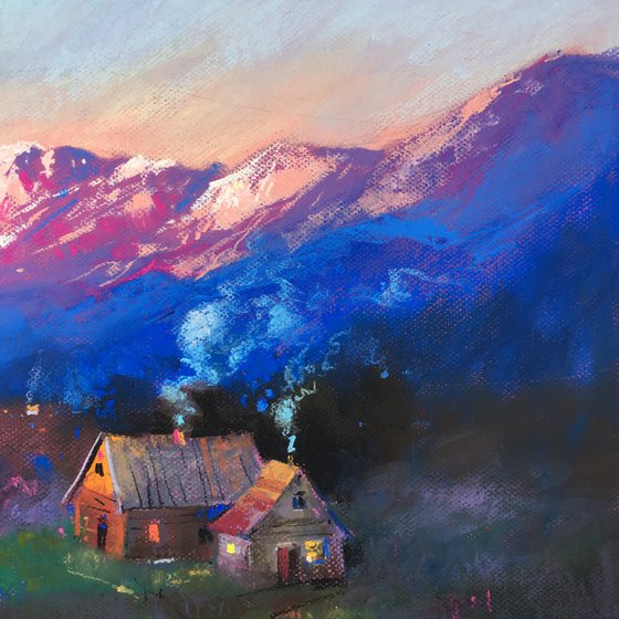 Ukrainian art Sunrise in the Carpathians Mountains. Soft pastel drawing 19.6x19.6 inch (50x50 cm)