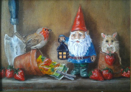 Bird, Gnome and Mouse in a Garden Shed