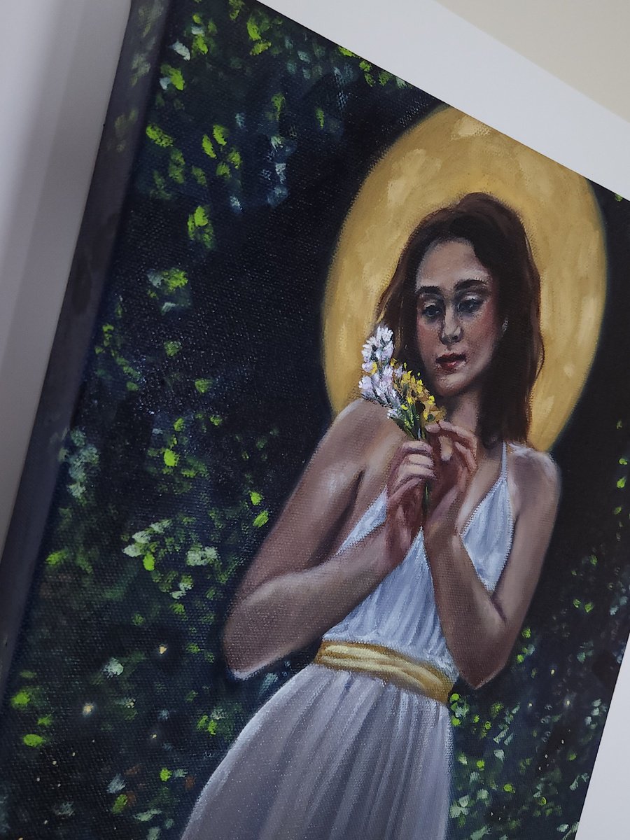 Impressionistic Portrait Oil Painting By Regina Mailloux, 12 X 24", Golden Moonlight, Original Artwork