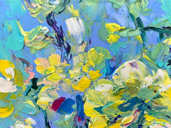 Mallow and phlox - Sunny joy, 35*45cm, impressionistic flowers oil painting in yellow and violet, purple, sunny mood