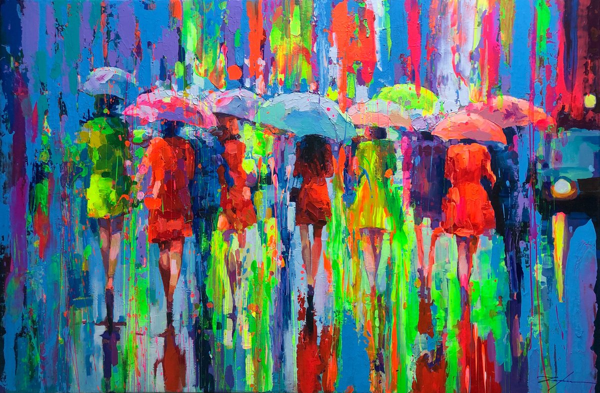 Expressive Portrait Acrylic Painting By Viacheslav Zaykin, 59 X 39", Colored Rains.| Umbrella Cityscape, Original Artwork