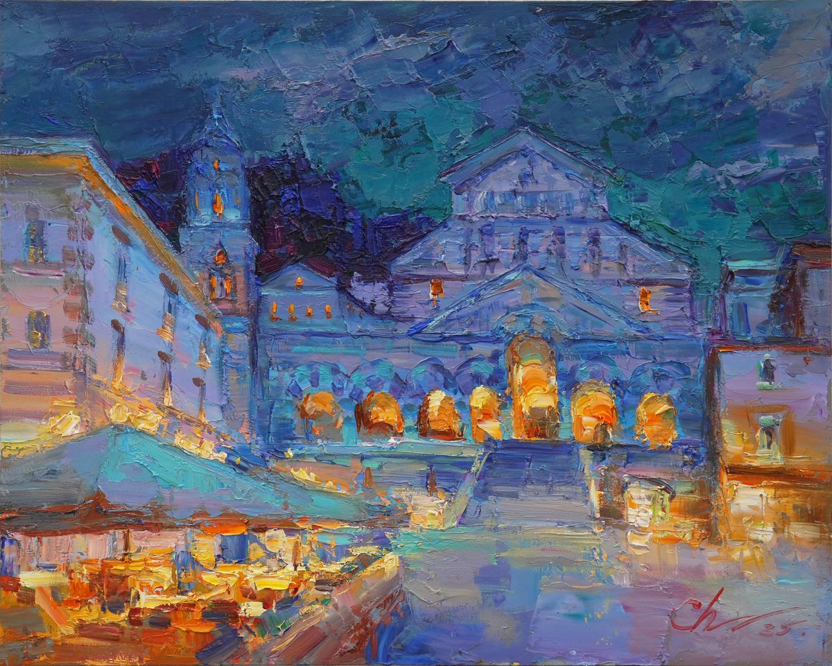 Impressionistic Landscape Oil Painting By Serhii Cherniakovskyi, 20 X 16", Amalfi Cathedral, Original Artwork