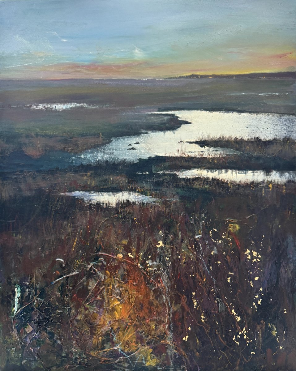 Impressionistic Landscape Painting By Teresa Tanner, 24 X 33", Marshes Dusk, Original Artwork