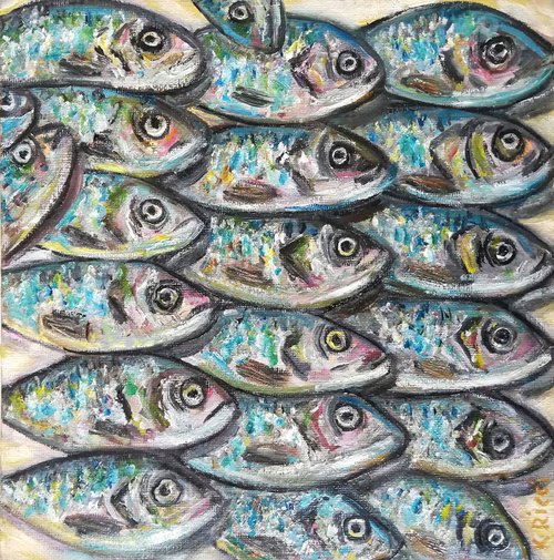 "Fishes on Market Stall" Original Oil on Canvas Board Painting 8 by 8 inches (20x20 cm) by Katia Ricci