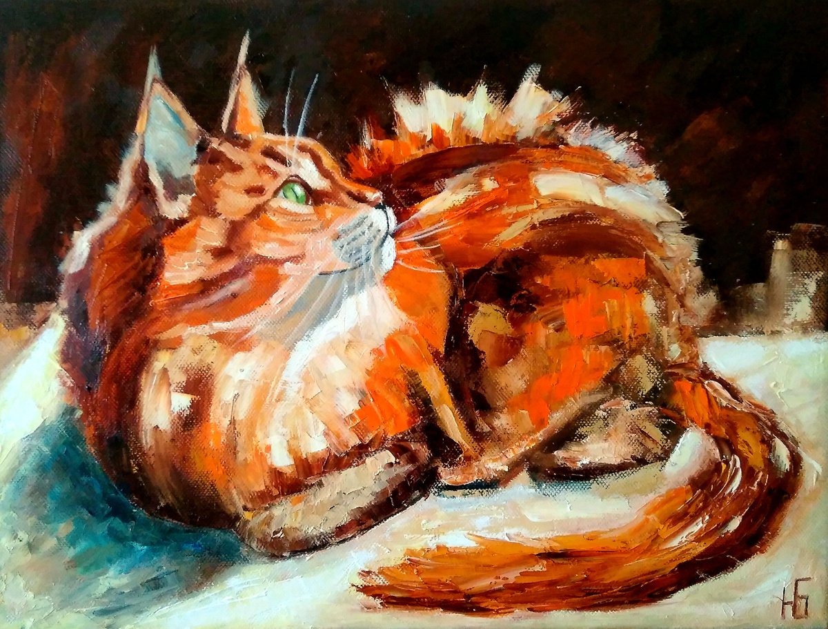 Ginger, Cat Oil Painting Maine Coon Original Art Pet Artwork 40x30 cm, ready to hang. by Yulia Berseneva