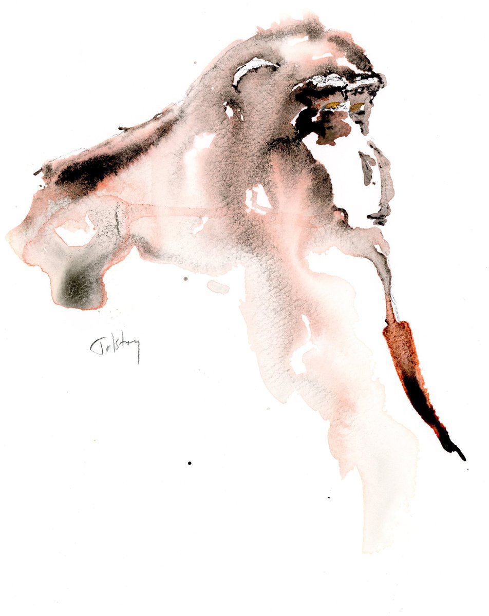 Impressionistic Animal Acrylic Painting By Alex Tolstoy, 10 X 12, The Thoughtful Chimp, Original Artwork