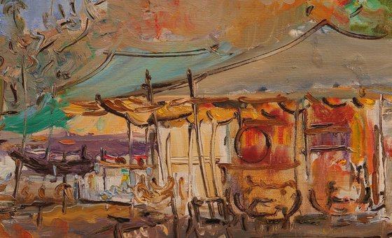 Cafe in Arambol. Goa, India - Seashore Landscape - Oil Painting - Plein Air - Medium Size