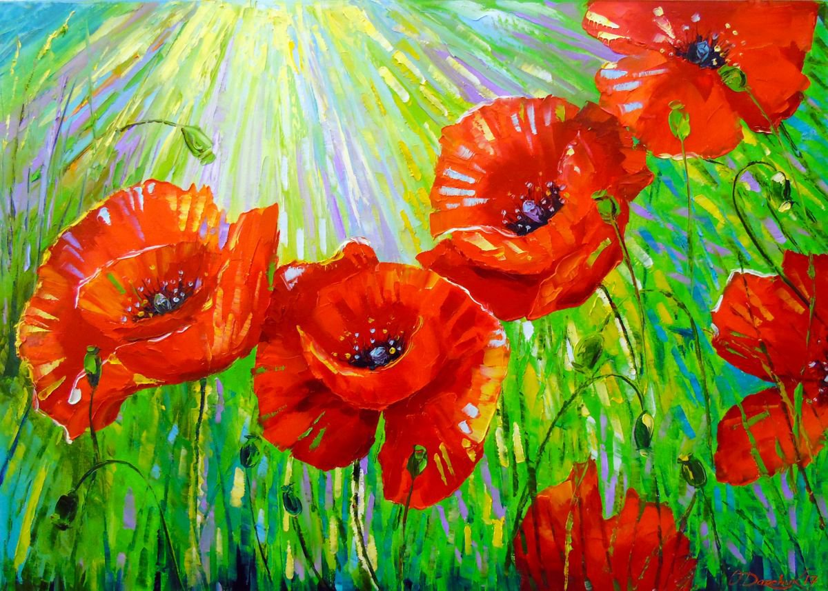 Impressionistic Botanical Oil Painting By Olha Darchuk, 28 X 20", Poppies And Sun, Original Artwork