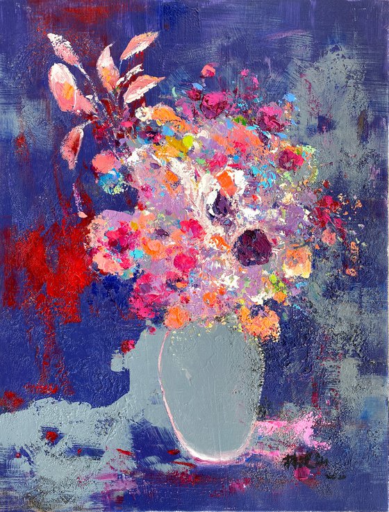 Still life oil painting:flowers in the vase