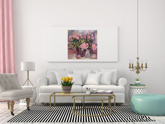 Peonies & Inca Lilies (Square floral painting)
