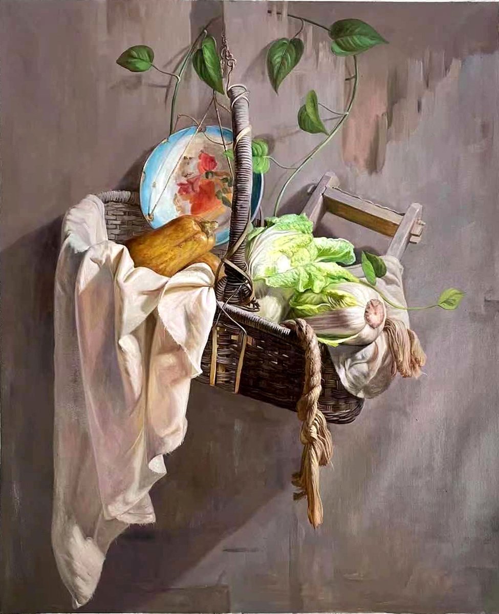Original Still life oil painting:pumpkin in the basket by Kunlong Wang