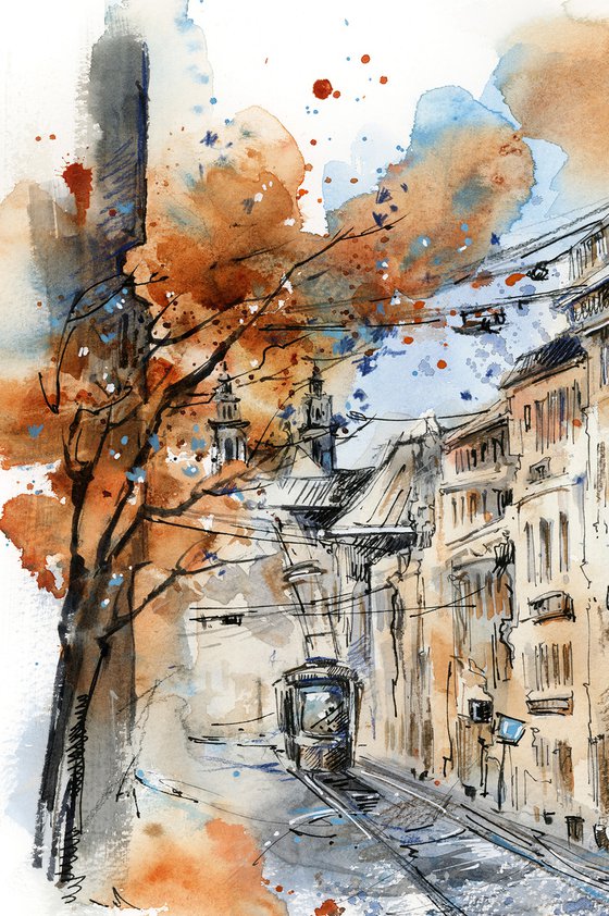 Architecture Sketch - Street and Autumn tree