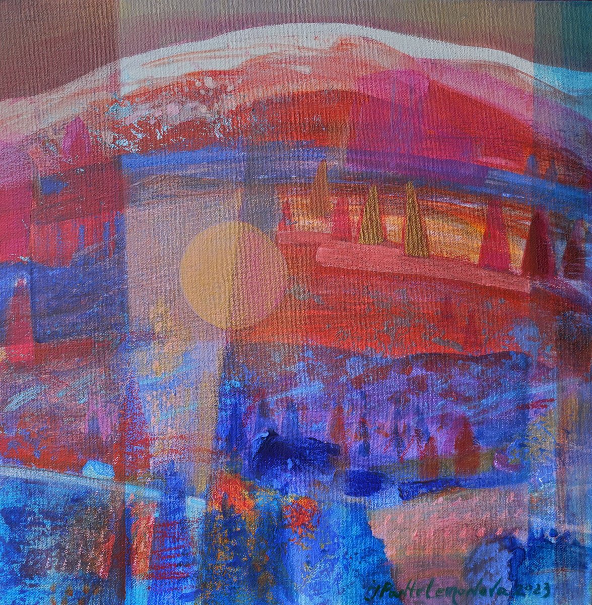 Impressionistic Landscape Acrylic Painting By Inna Pantelemonova, 16 X 16, Sunrise,Changing SpaceSeries, Original Artwork