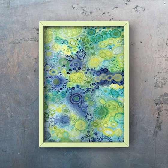 Original watercolor abstract art in green, blue and yellow