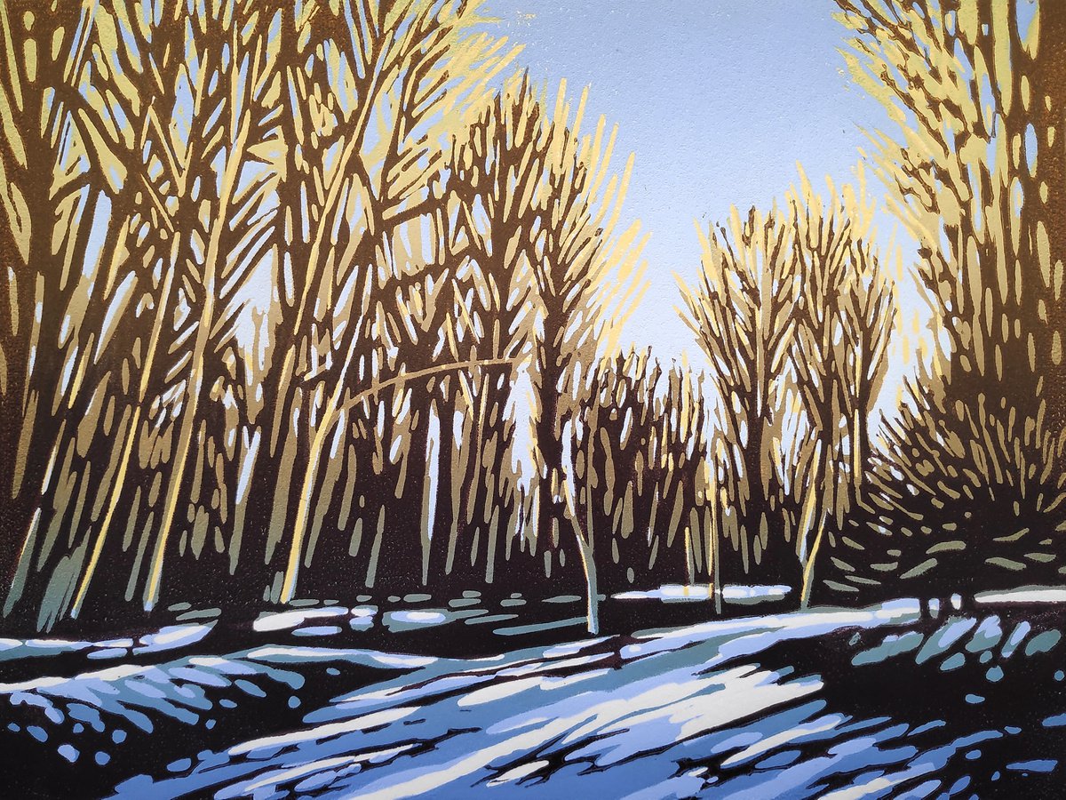 Impressionistic Landscape Linocut By Alexandra Buckle, 10 X 8, Winter Woodland Sun, Original Artwork