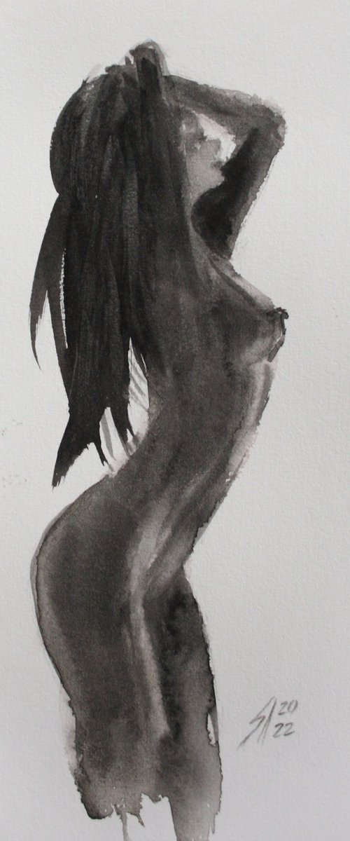 Silver... Nude Sketch III .12.  8x11"  /  ORIGINAL PAINTING by Salana Art Gallery