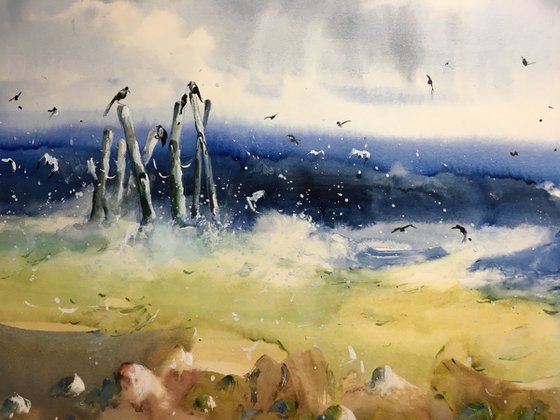 SOLD Watercolor "Seagulls meeting”