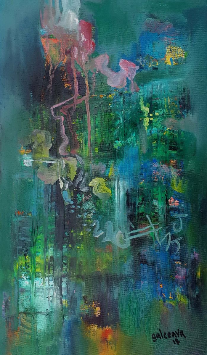 Everything Flows, Modern Interior Wall Decor, Vertical Abstract Green Painting by Constantin Galceava