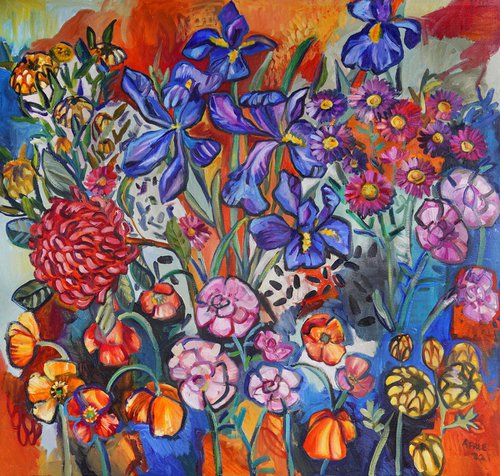 Still Life with Waratah and Blue Irises by Katerina Apale