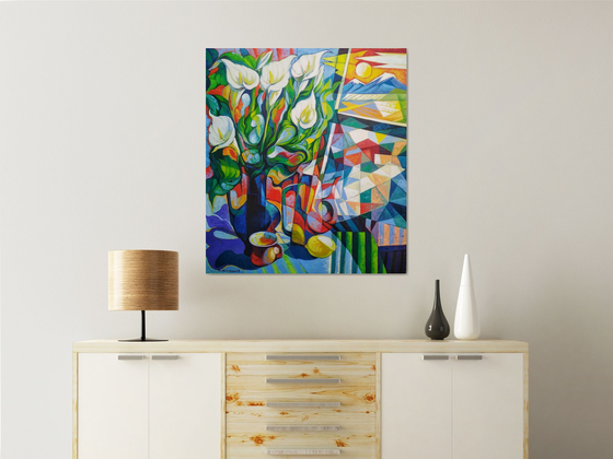Still life with callas(80x90cm, cubism, oil painting, ready to hang)