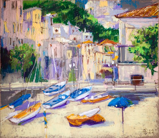 Minori, Amalfi coast. View from the sea. Cities of my dreams series. Medium oil pastel drawing bright colors italy