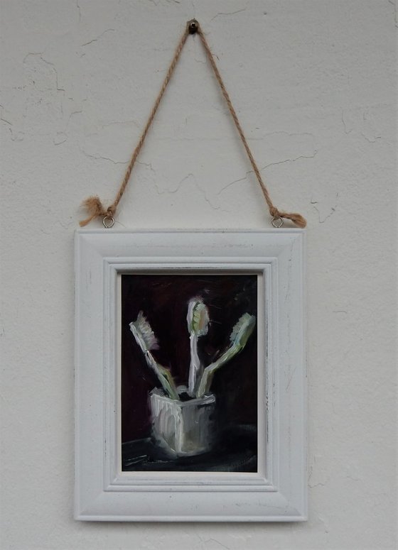 Toothbrushes. small still life framed painting.