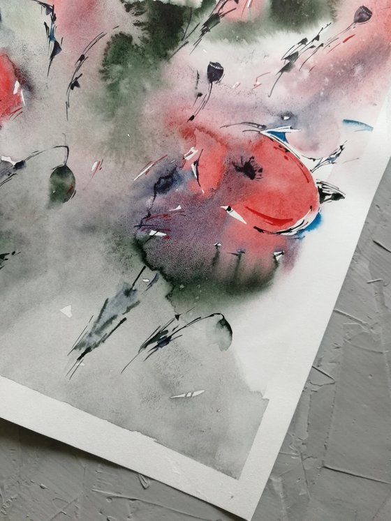 Red poppy painting. Wildflowers