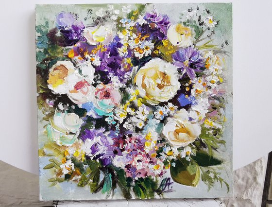 Bouquet flowers painting on canvas