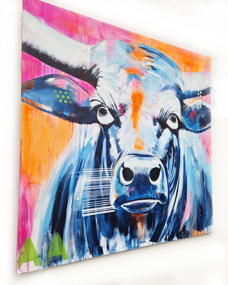Expressive Animal Acrylic Painting By Stefanie Rogge, 39 X 39", Bull #10, Original Artwork