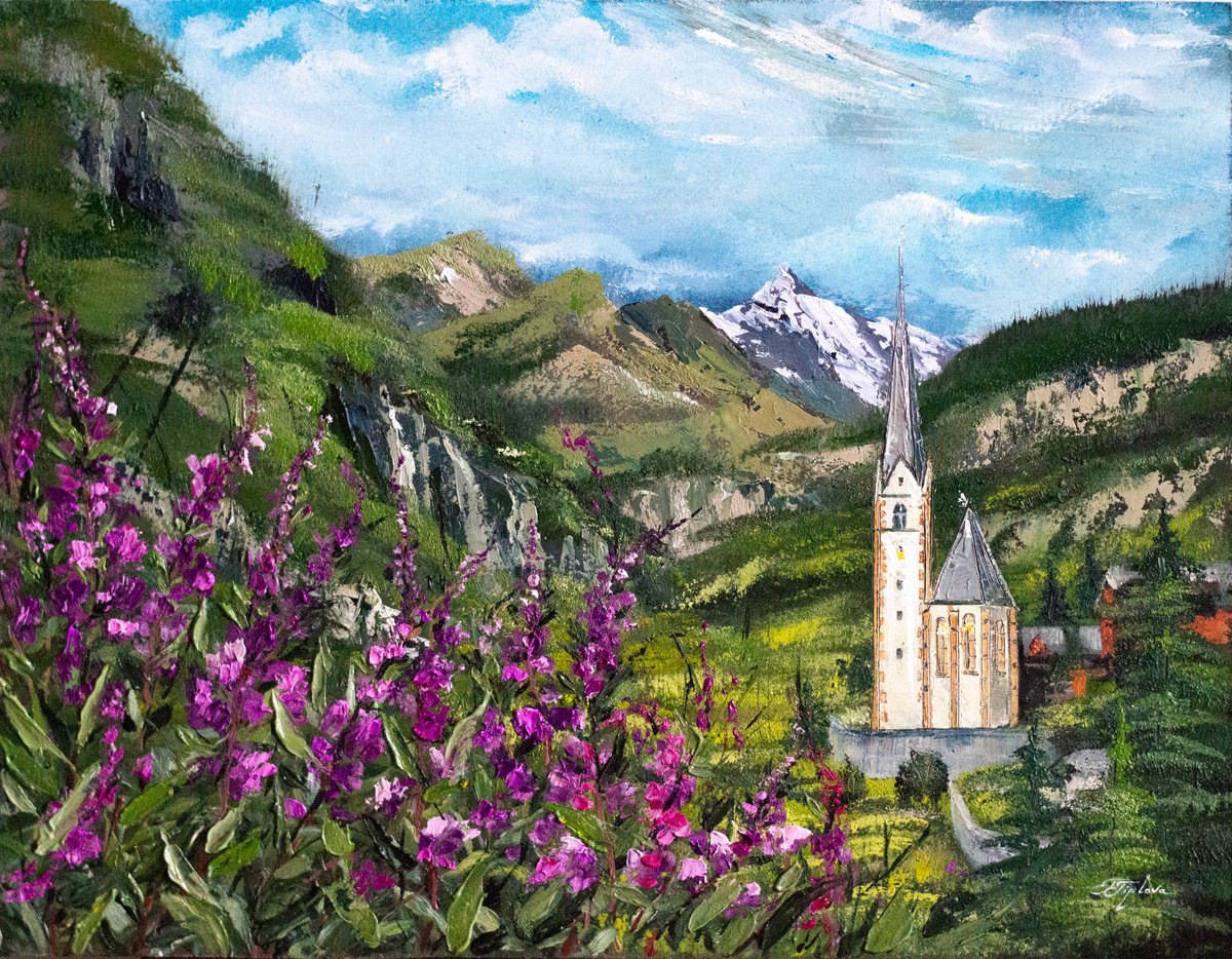 Impressionistic Landscape Oil Painting By Tetiana Tiplova, 16 X 12", Heiligenblut Kirche. Austria, Original Artwork