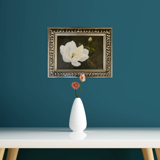 Gorgeous Magnolia Flower Original Oil Painting in silver frame
