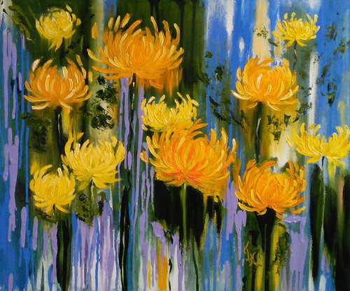Chrysanthemum Painting Daisy Original Art Floral Oil Textured Artwork Flowers Canvas Wall Art 24 by 20" by Halyna Kirichenko by Halyna Kirichenko