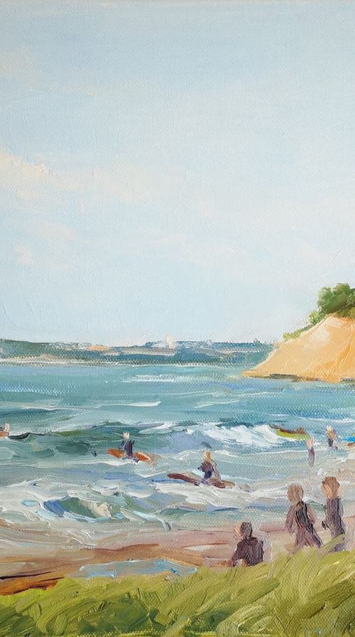 Surfing beach - plein air, original, one-of-a-kind oil on canvas impressionistic style painting by Alexander Koltakov