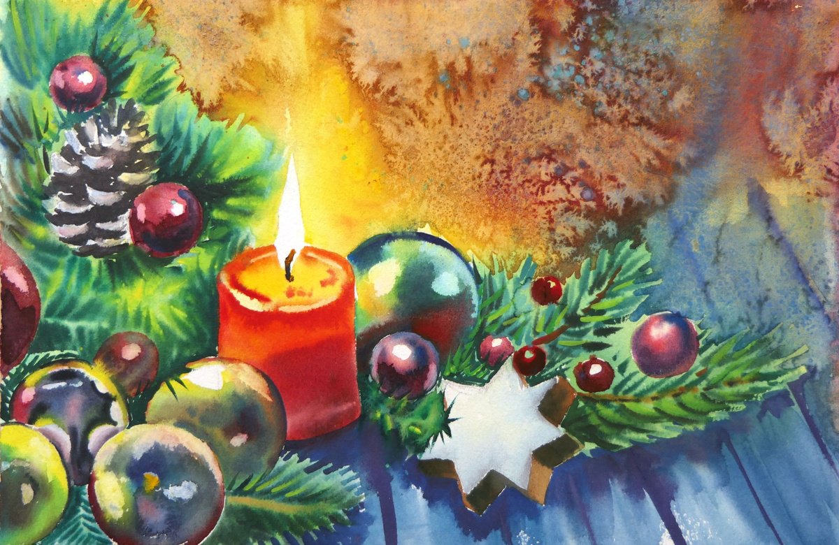 Christmas Candle Watercolor Painting Red Candle Christmas Tree by Ion Sheremet