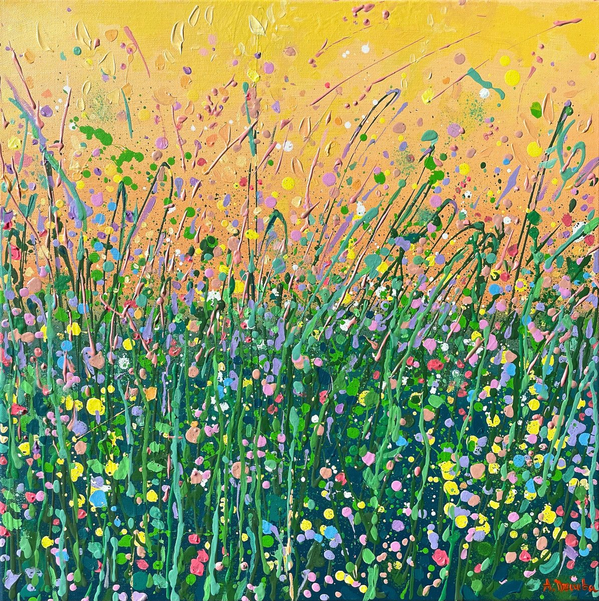 Impressionistic Landscape Acrylic Painting By Adriana Dziuba, 20 X 20, Sunlit Golden Meadow, Original Artwork
