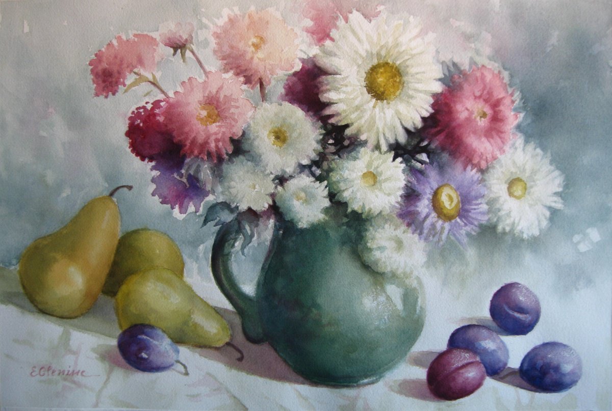 Expressive Still Life Watercolour By Elena Oleniuc, 22 X 15, Still Life With Green Vase, Original Artwork
