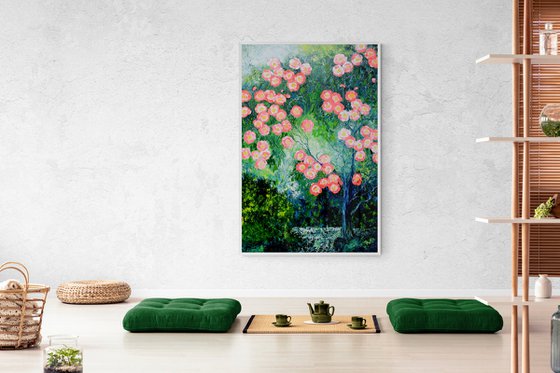 Pink flowers on the tree. Original oil painting on canvas. Extra large oil painting