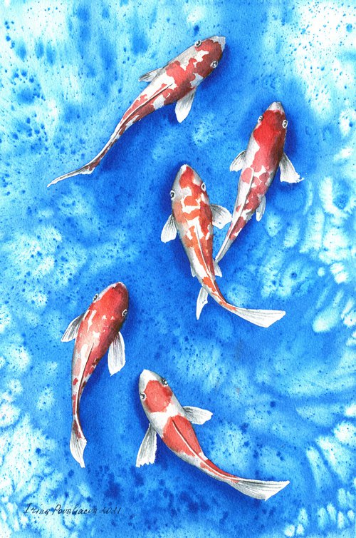 Koi carps  watercolor painting, Blue sea  painting, nautical  artwork,  blue and red, kitchen decor, contemporary,  gift for mother by Irina Povaliaeva
