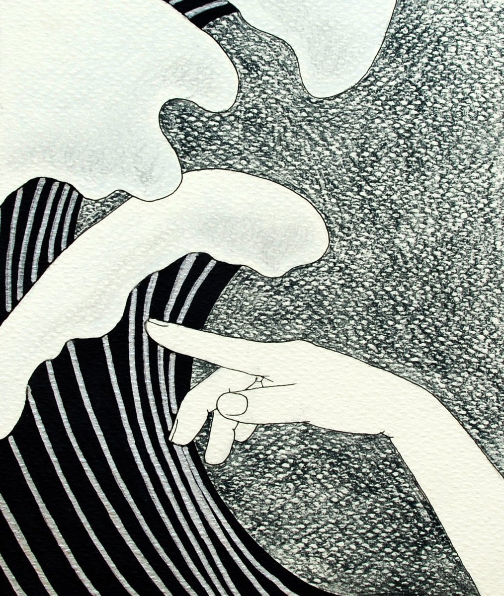 Surrealistic Landscape Ink Drawing By Andromachi Giannopoulou, 6 X 6, Black Tsunami, Original Artwork