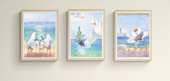 Series Coastal Cafe / ORIGINAL watercolor Unique pictures Seagulls Sea illustration