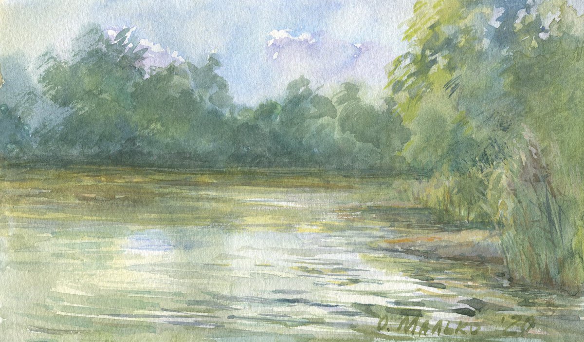 Pond atmosphere / Landscape in green tones. Original watercolor sketch. Small summer pictu... by Olha Malko