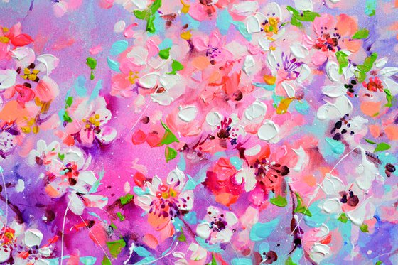 I've Dreamed 55 - Sakura Colorful Blossom - 150x60 cm, Palette Knife Modern Ready to Hang Floral Painting - Flowers Field Acrylics Painting