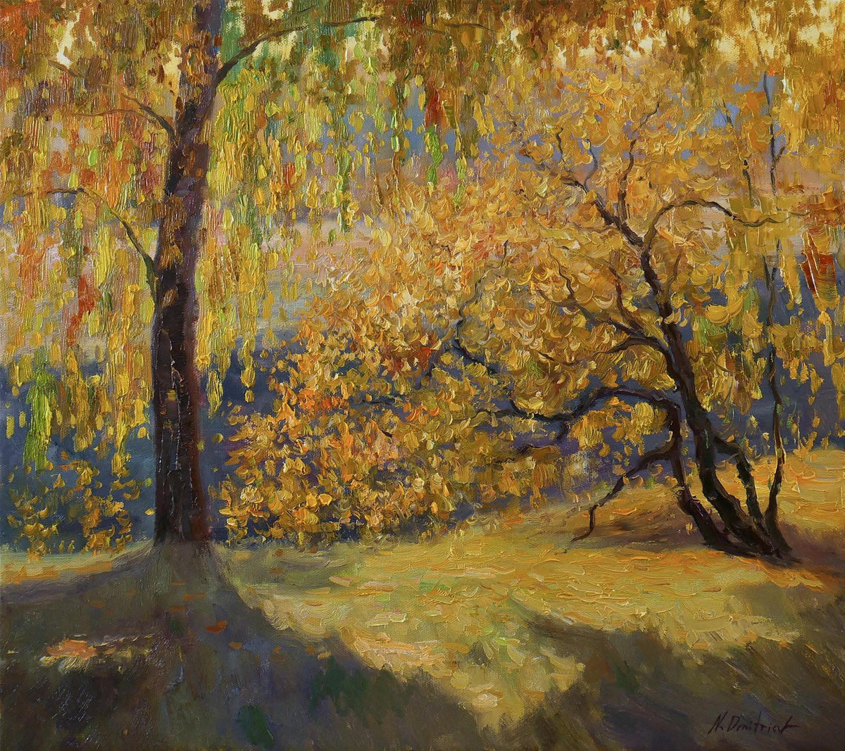 Sunlight autumn landscape painting by Nikolay Dmitriev