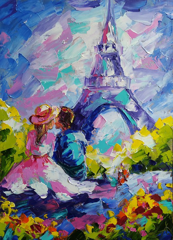 Love in Paris - Paris oil painting, love, France, lovers, Eiffel Tower, Eiffel Tower Paris, Eiffel Tower oil painting