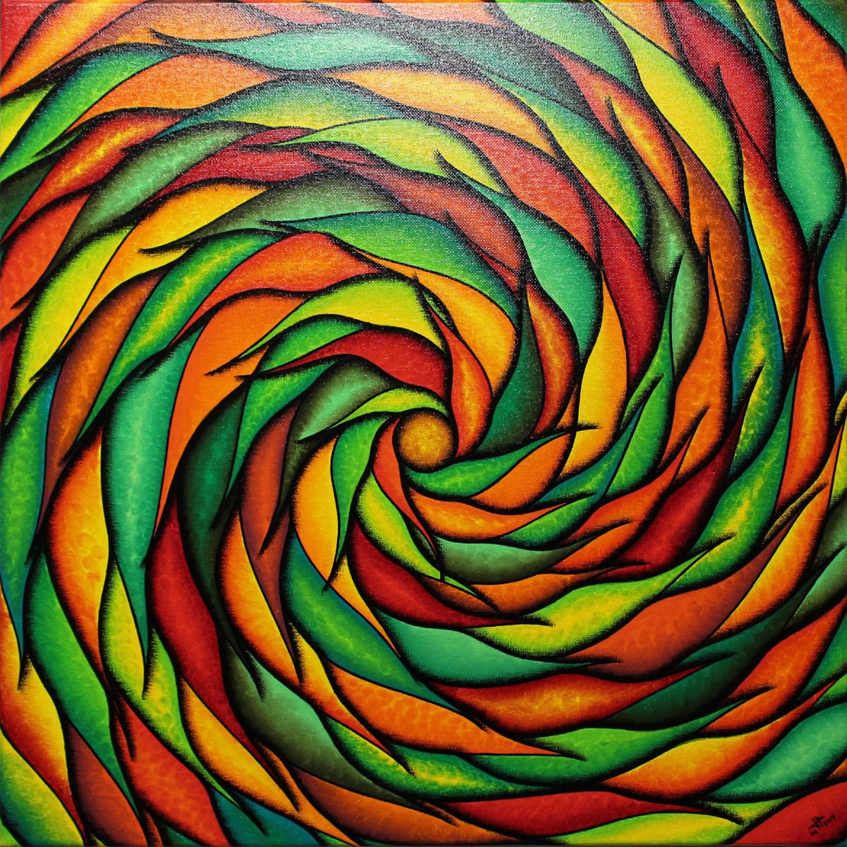Abstract Acrylic Painting By Jonathan Pradillon, 20 X 20, Verdant And Reddish Spiral, Original Artwork