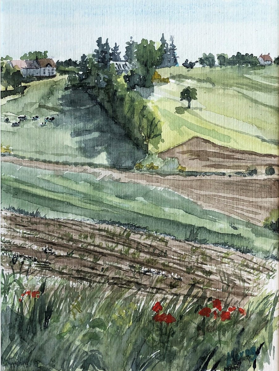 Impressionistic Landscape Watercolour By Morag Paul, 20 X 24", Houses On The Ridge, Original Artwork